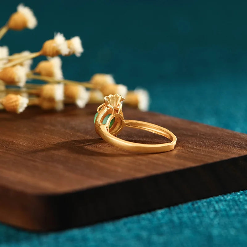 PANJBJ 925 Sterling Silver Hotan Jade Geometric Adjustable Ring | Retro Delicate Jewelry Gift for Women