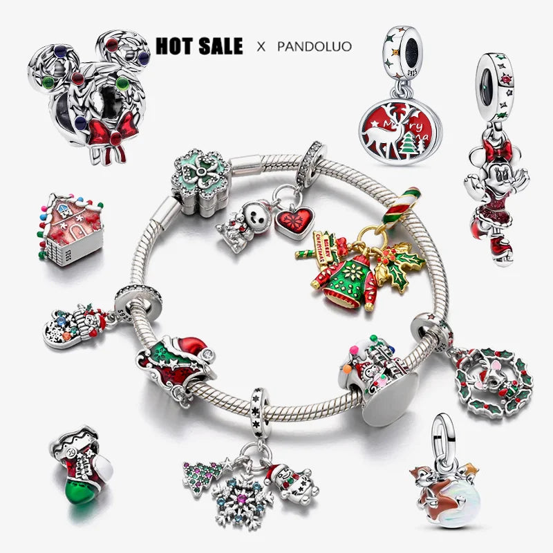 925 Silver Disney Christmas Charm Trio – Mickey Wreath & Minnie Ice Skating Bead for S925 Bracelet