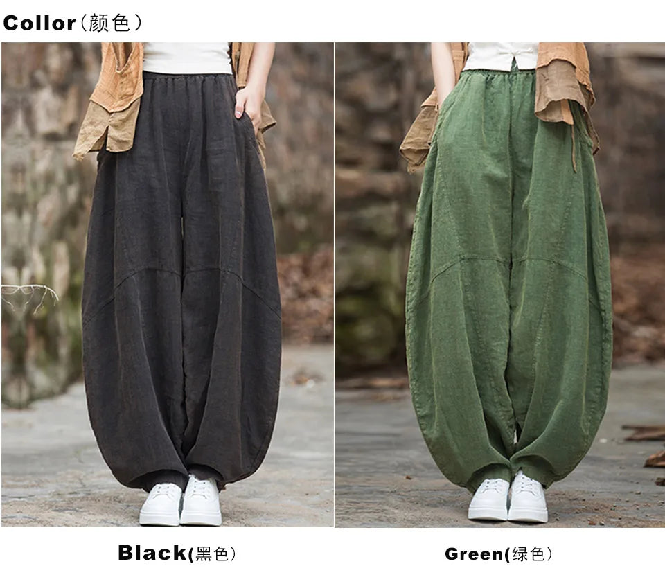Elegant Women’s Cotton Linen Baggy Cargo Pants – Vintage Elastic Waist Wide-Leg Casual Trousers