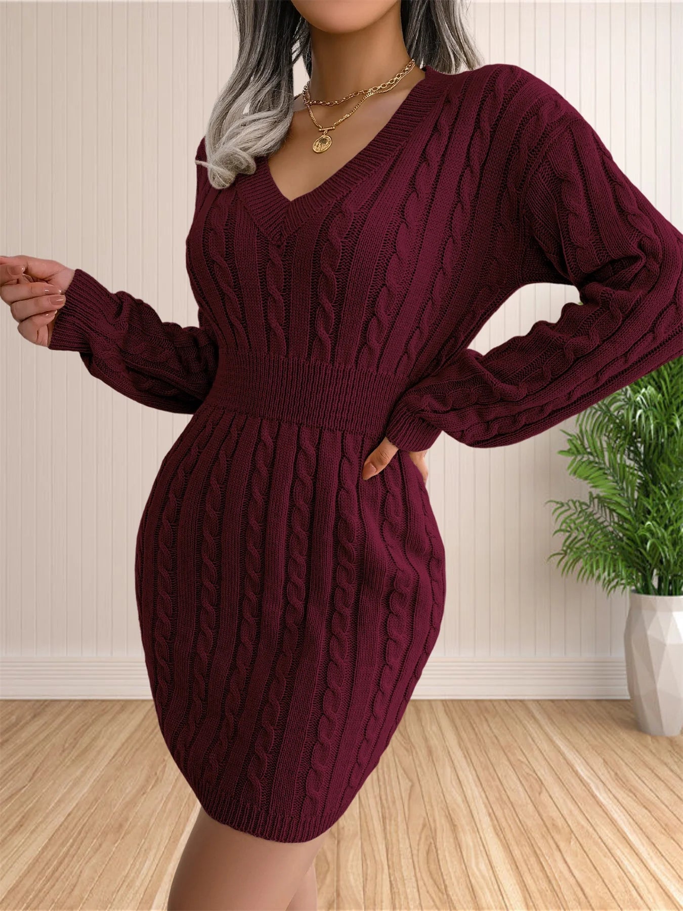 Women’s Sweater Dress – V-Neck Knitted Sheath Dress for Cocktail & Casual Wear