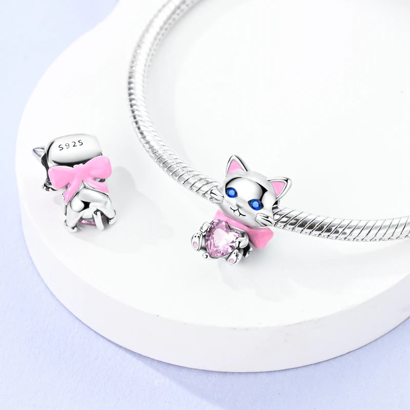 925 Sterling Silver Animal Charms | Cat, Dog & Heart Beads Fit Original Bracelet DIY Jewelry Gift for Women