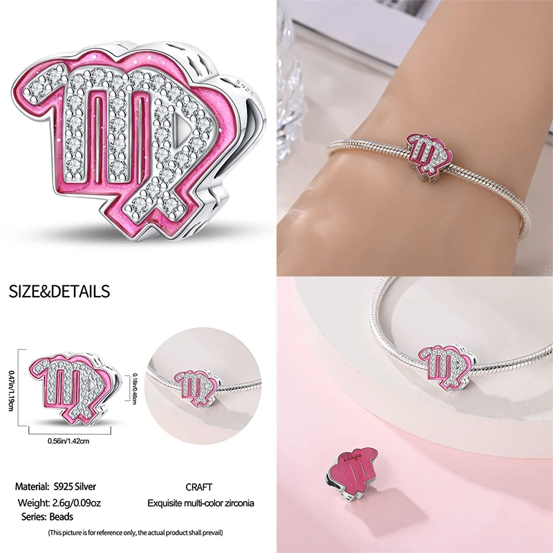 925 Sterling Silver Pink Zircon 12 Zodiac Signs Charms | Fit Original Pandora Bracelets DIY Jewelry Gift for Women