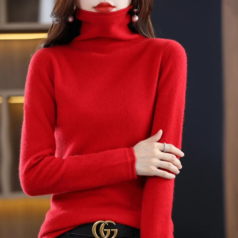 Women’s 100% Merino Wool Sweater – Autumn Winter Pile Collar Pullover Knitwear 🧶🍂