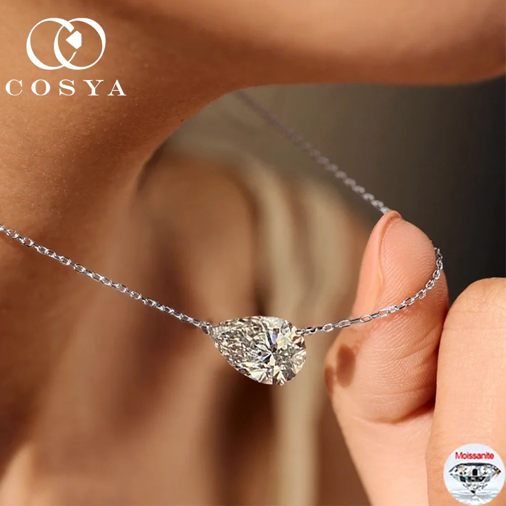 COSYA 1-3CT Pear Cut Moissanite Necklace – 100% 925 Silver & 18K Gold Pendant for Women
