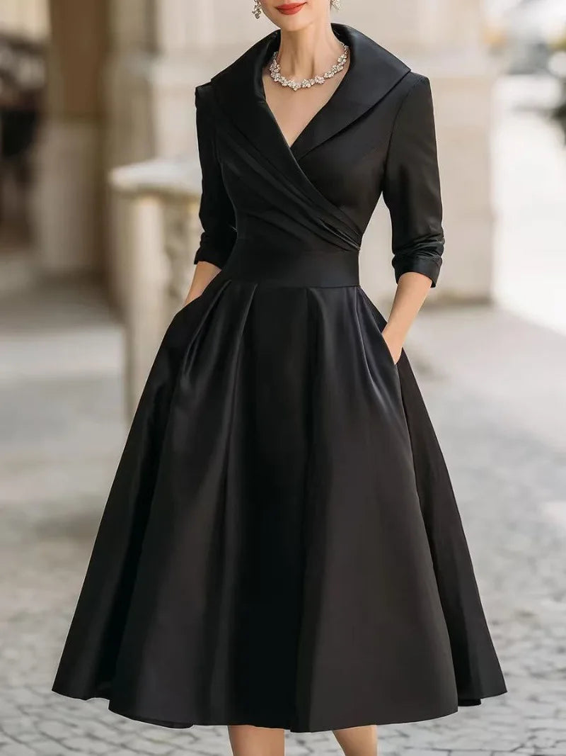 Elegant Solid Color V-Neck Waist Cinching Dress – Autumn Winter Women’s Long Sleeve Sexy Dress with Pockets | Ropa Mujer