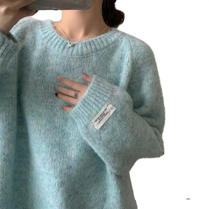 Loose Women’s Blue Sweater | Korean Casual Knitwear | Spring Autumn Round Neck Pullover