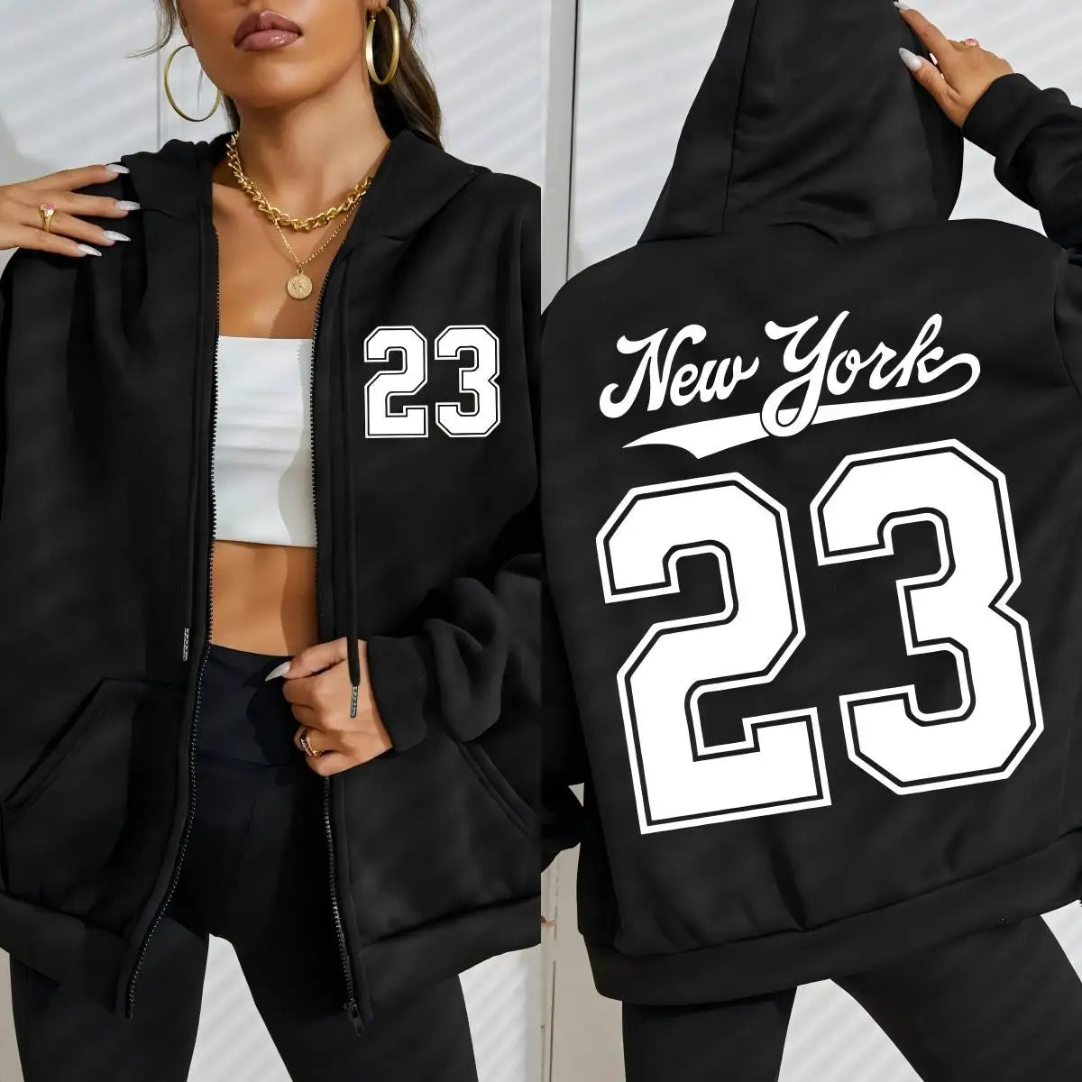 New York Number 23 Women’s Hoodie | Fleece Zipper Sweatshirt | Autumn Casual Sportswear Fashion Hoody