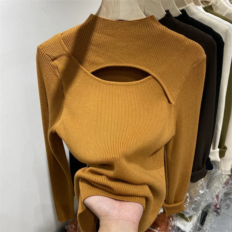 Women's Slim Knit Sweater | Autumn Winter Pullover Top | Long Sleeve Elastic Knitted Shirt for Women