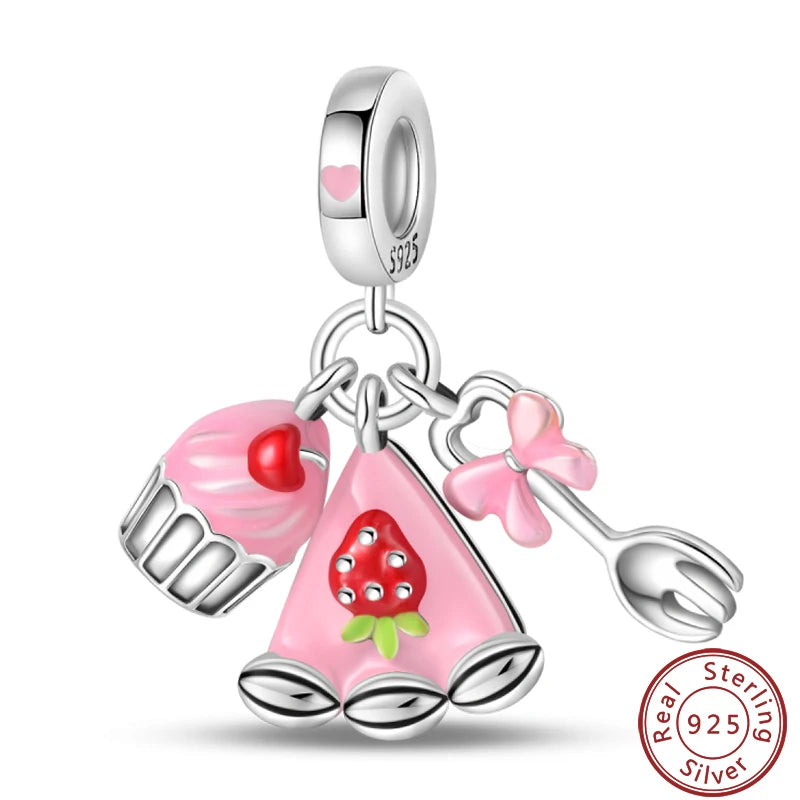 925 Sterling Silver Dessert Afternoon Tea Charm – Coffee, Cake, Pizza & Fries Beads Fit Original Pandora Bracelet DIY Jewelry