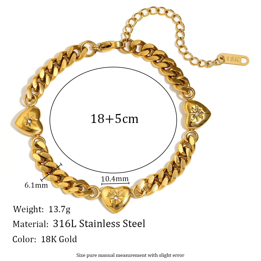 18K Gold Plated Stainless Steel Ocean Heart Cuban Chain Bracelet for Women – Zircon Paved Bangle