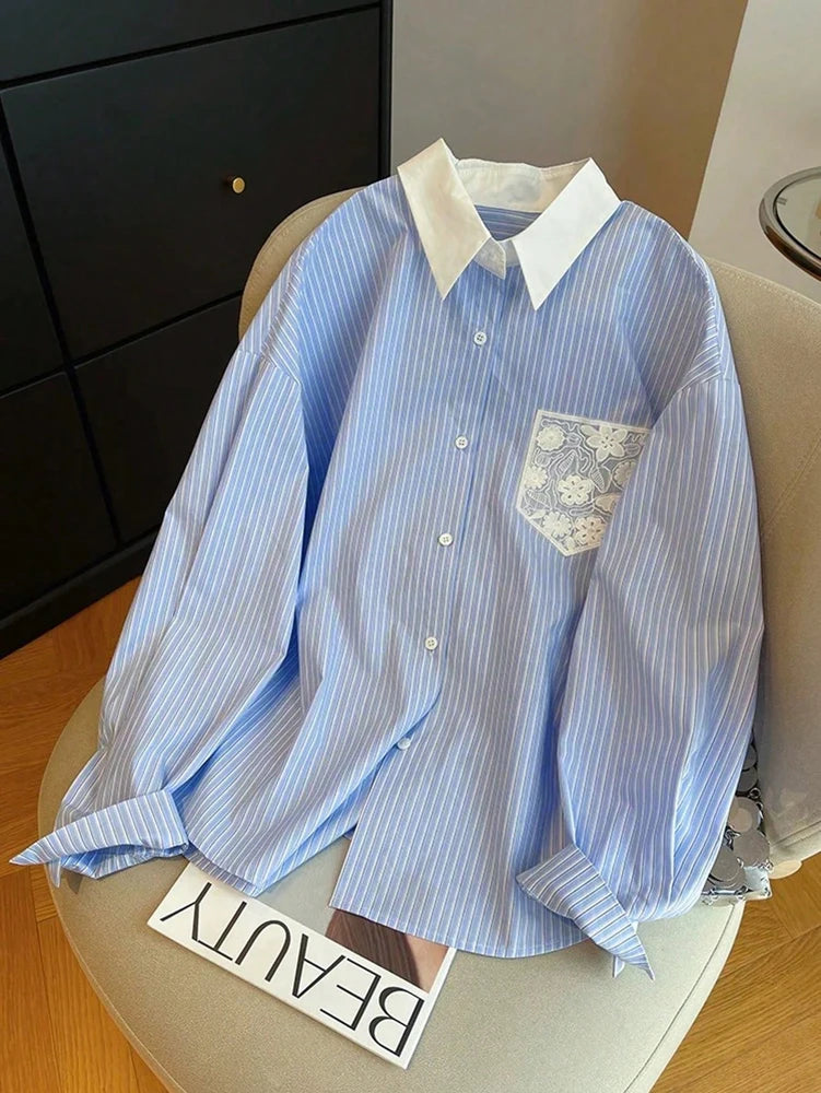 Women’s Striped Clash Collar Lace Pocket Shirt – Daily Casual Fashion Back to School Top 👚📚