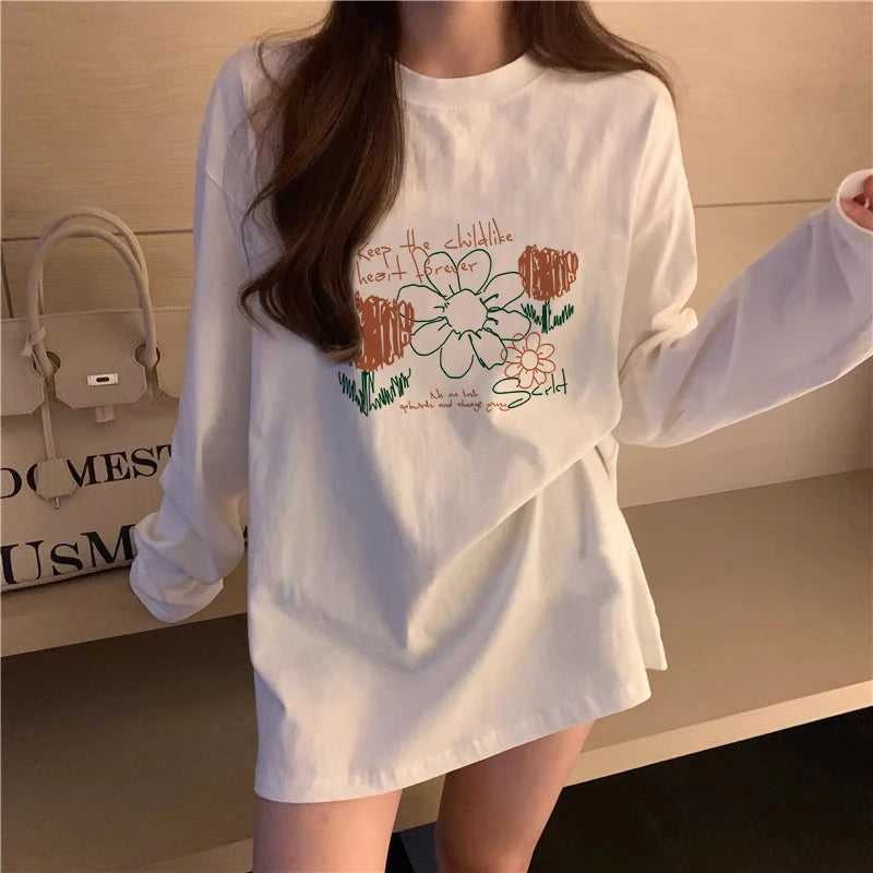Women’s Long Sleeve Cotton T-Shirt | Fleece-Lined White Base Layer | Loose Fit Autumn Inner Wear