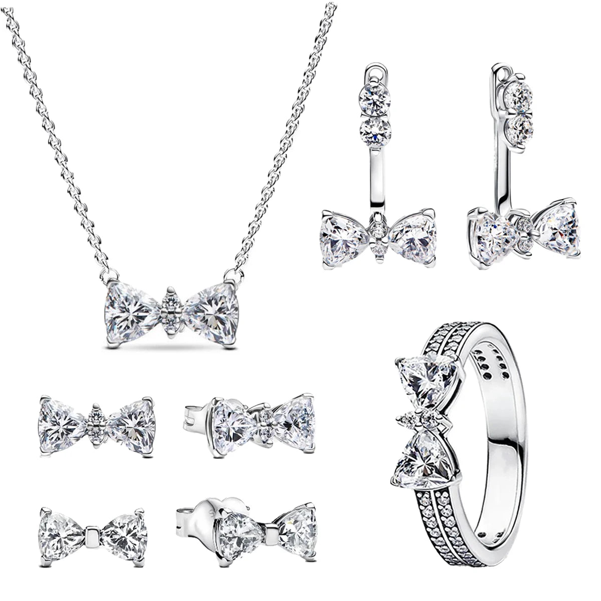 925 Sterling Silver Colorful Bow Necklace Ring Earring Set Crystal Jewelry for Women Gift