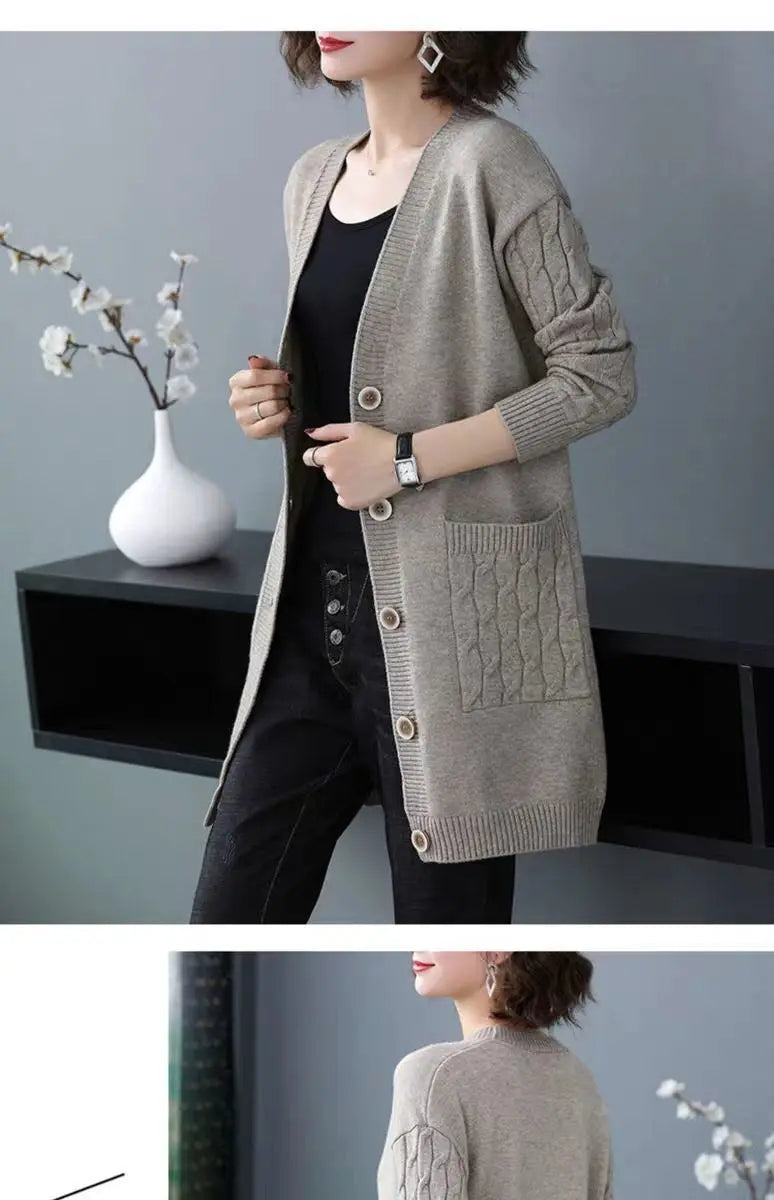 Sueter Mujer Invierno 2025 | Vintage Knitted V-Neck Cardigan | Women’s Casual Solid Sweater with Pockets