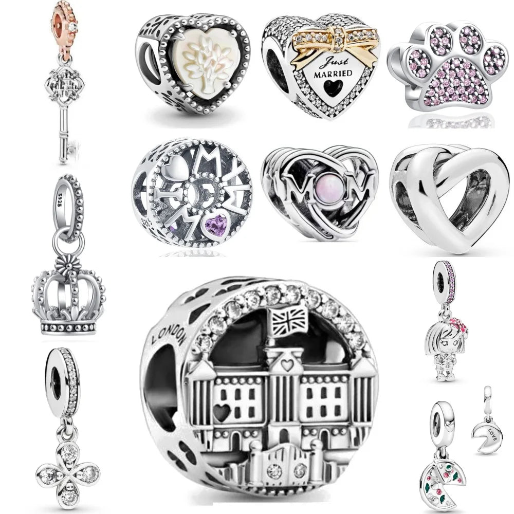 925 Sterling Silver Monkey, Dog Paw & Heart Mom Charm | Fits Original European Bracelet DIY Jewelry Gift