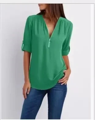 2025 Women’s Chiffon Blouse | Sexy Deep V-Neck Zipper Pullover Loose Fashion Top Plus Size