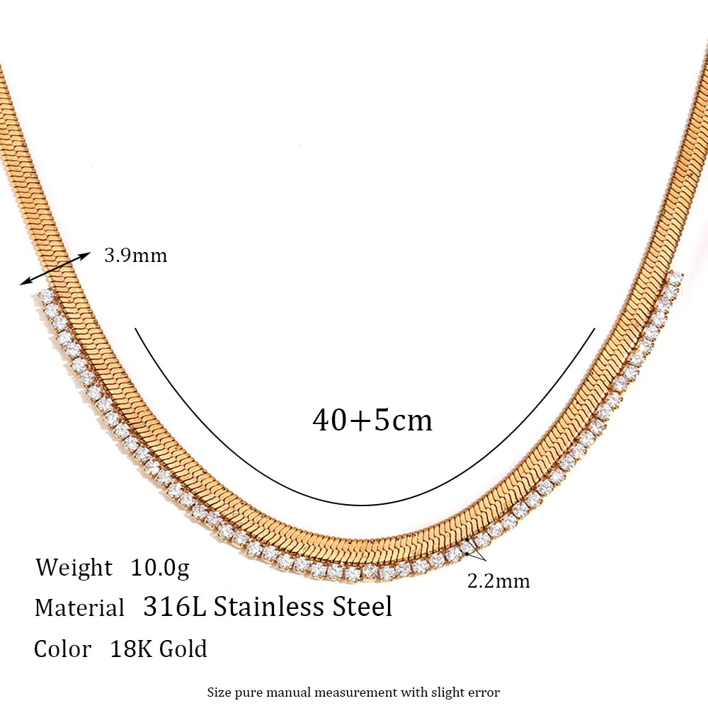 E.B.belle Herringbone Chain Choker Necklace – Stainless Steel Gold Plated Women’s Necklace with AAA Cubic Zirconia