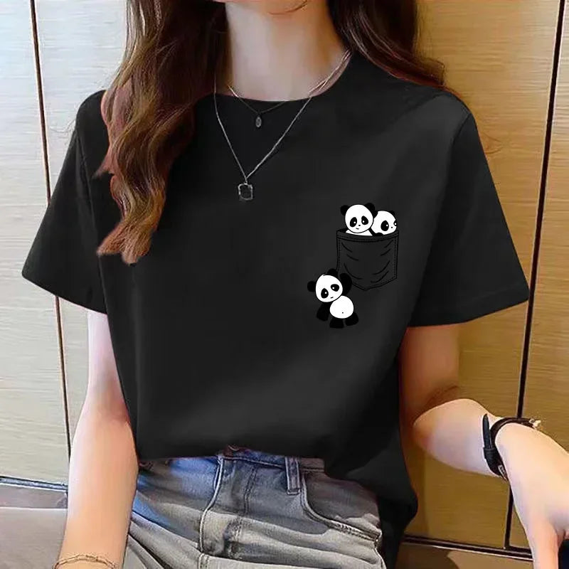 Women’s Summer Cartoon Panda Pocket T-Shirt – Loose Round Neck Short Sleeve Korean Fashion Top