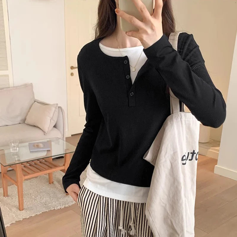 Slimming Effect Pure Cotton Long Sleeve Top – Women’s Loose Fashionable Base Shirt Spring Autumn 2025