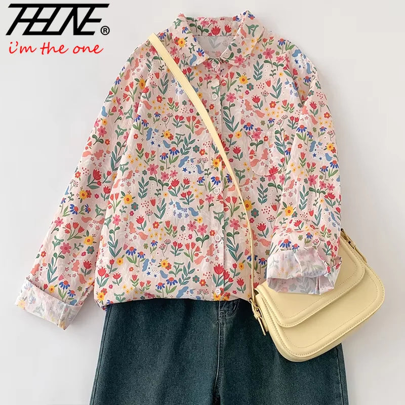 THHONE Spring Elegant Women’s Blouse 2025 | Single-Breasted Loose Print Vintage Shirt | Casual Women’s Top