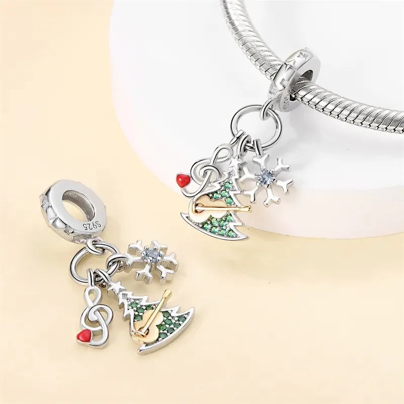 925 Silver Disney Christmas Charm Trio | Mickey Wreath Minnie Ice Skating Bead Pendant Fits Pandora Bracelet