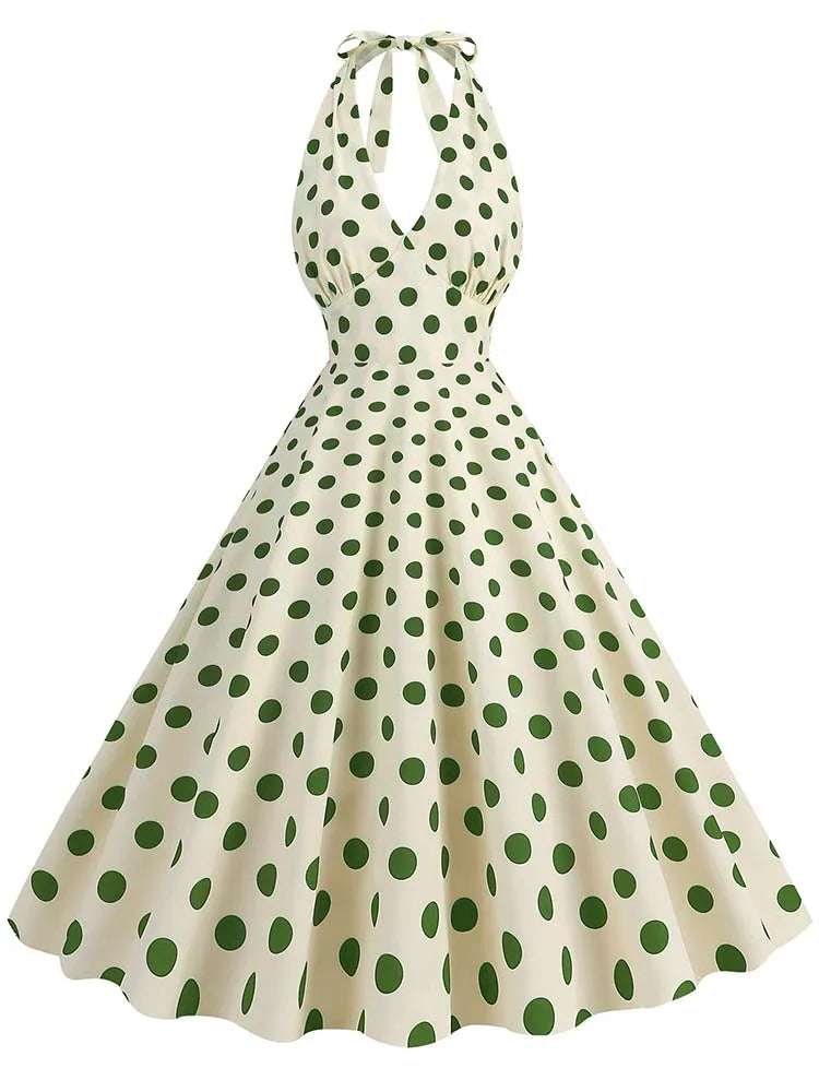 Women’s Vintage Halter Party Dress – Summer Polka Dot Midi Cocktail Prom Elegant Dress