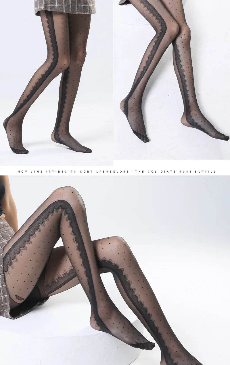 Women's Striped Lace Tights – Sheer Jacquard Dot Pantyhose with Side Seam Detail, 20 Denier for Transitional Seasons