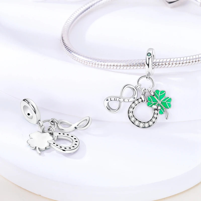 New 925 Sterling Silver Four-Leaf Clover Green Charm Bead | Lucky Pendant for Original Bracelet Jewelry Gift