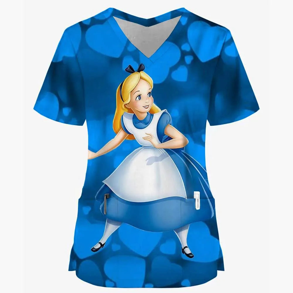 Disney Princess Ariel & Elsa Print Scrub Tops – Women’s Nurse & Dentist Work Uniform 👩‍⚕️✨