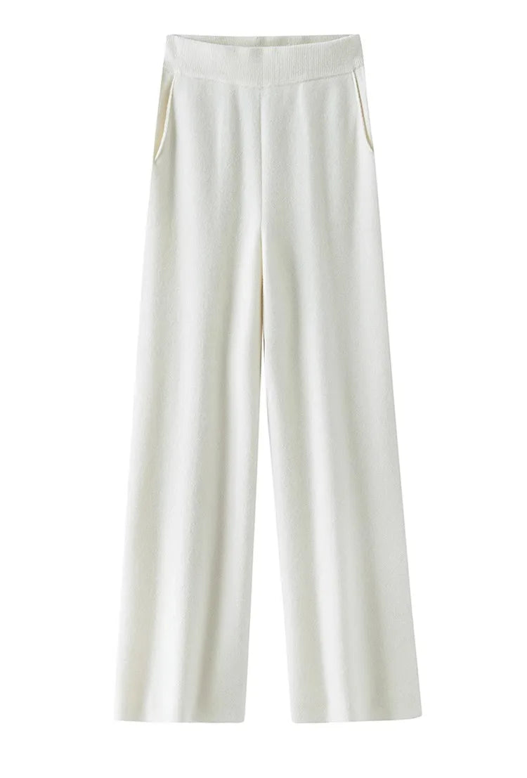 Elegant Women’s High Waist Wide-Leg Pants – Baggy Straight Knitted Trousers with Pockets
