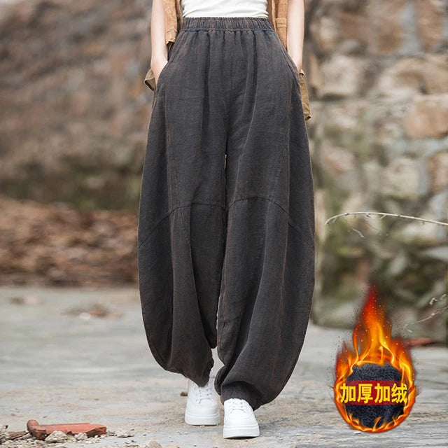 Elegant Women’s Cotton Linen Baggy Cargo Pants – Vintage Elastic Waist Wide-Leg Casual Trousers