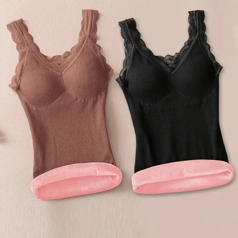 Plus Size Thermal Underwear for Women – Velvet Lace V-Neck Warm Slim Camisole 40-90kg ❄️💖
