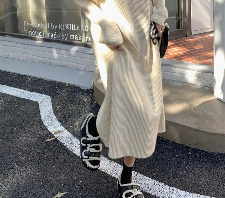 Autumn Winter Knitted Zipper Collar Dress for Women – Long Sleeve Loose Fit Pure Color H-Shape Casual Warm Dress