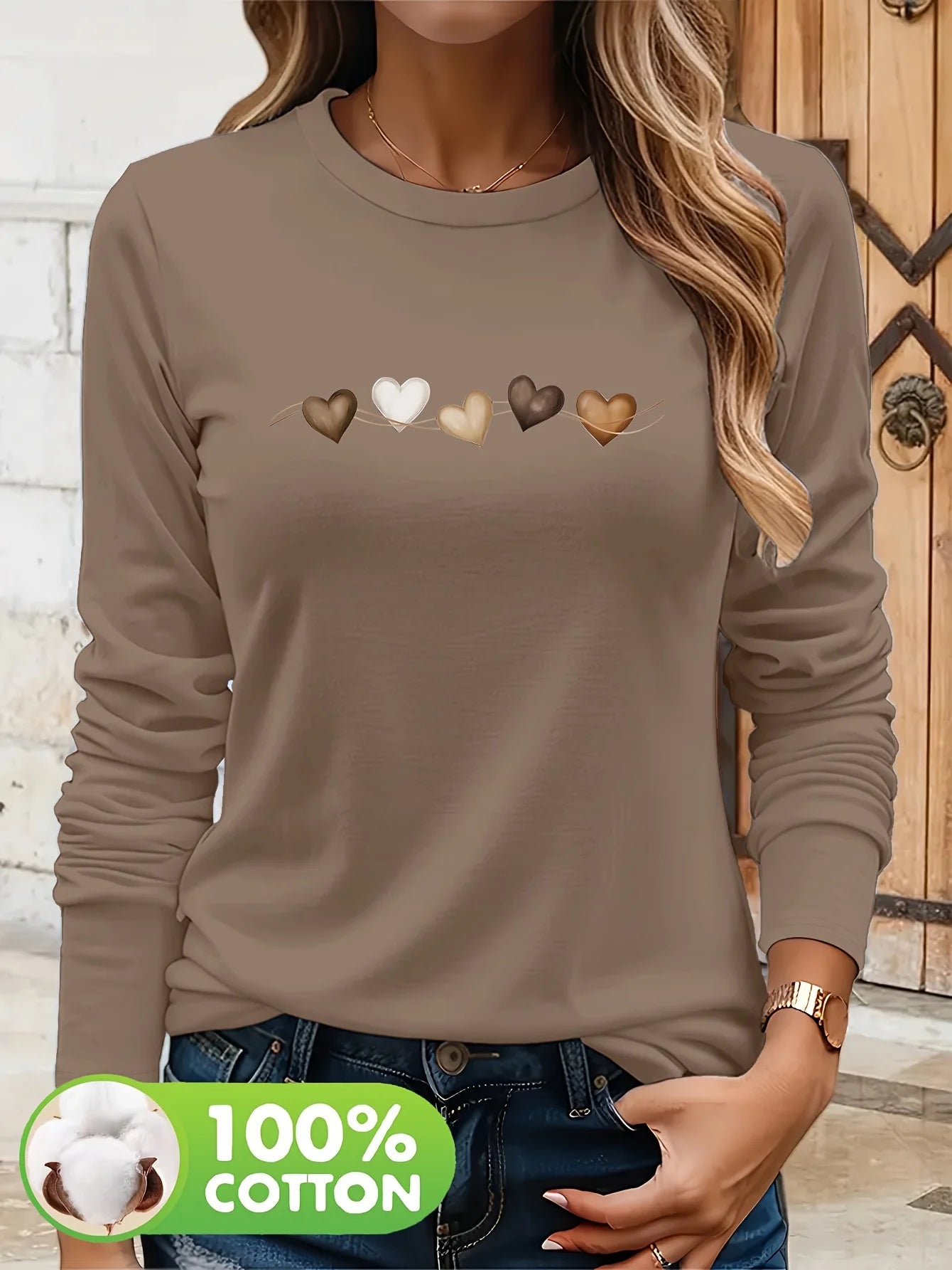 Women’s Autumn Winter 100% Cotton Heart-Print Long Sleeve T-Shirt – Casual Round Neck Top