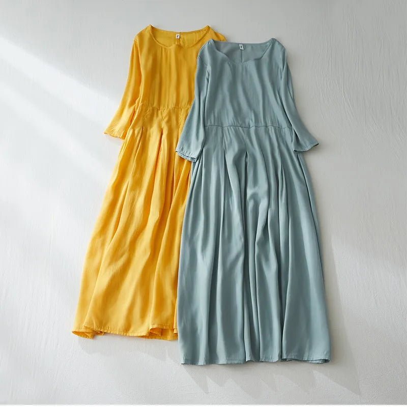 Elegant Lightweight Draped Dress for Women – Artistic Loose Cotton Linen Robe, Summer Airy Flowing Long Skirt, Travel & Vacation Outfit