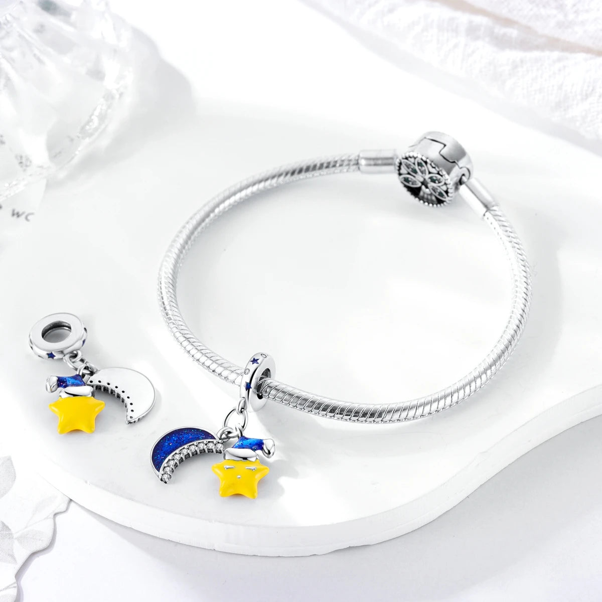 Silver Plated Colorful Glowing Moon & Stars Rainbow Dangle Charms | Fit Original Bracelet & Necklace | Women’s Jewelry Beads