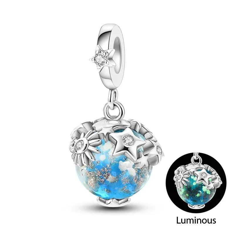 925 Sterling Silver Luminous Fairy Cat Owl Dragon Glass Charm | Original Design Bead for Bracelet DIY Jewelry