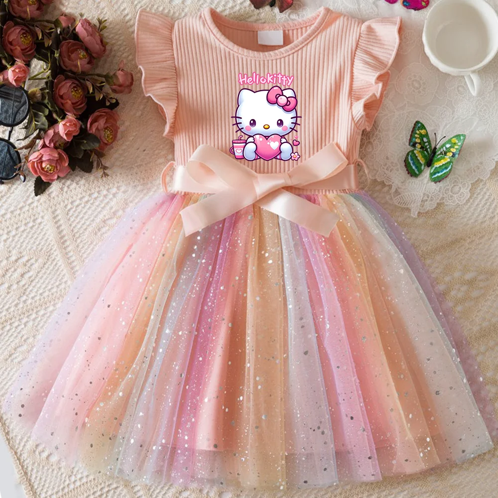 Hello Kitty Flying Sleeves Bow Sequin Princess Dress for Girls | Birthday Party Tutu Dress | Fluffy Baby Girl Dress 1–5 Years