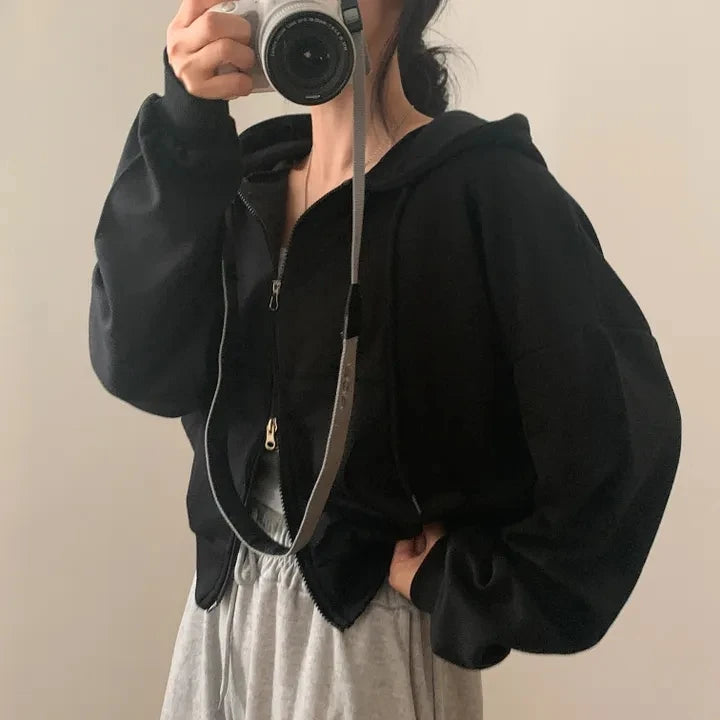 Chic Early Autumn Casual Long Sleeve Hoodie – Double Zipper Loose Versatile Cotton Pullover | Pure Color Commute Wear