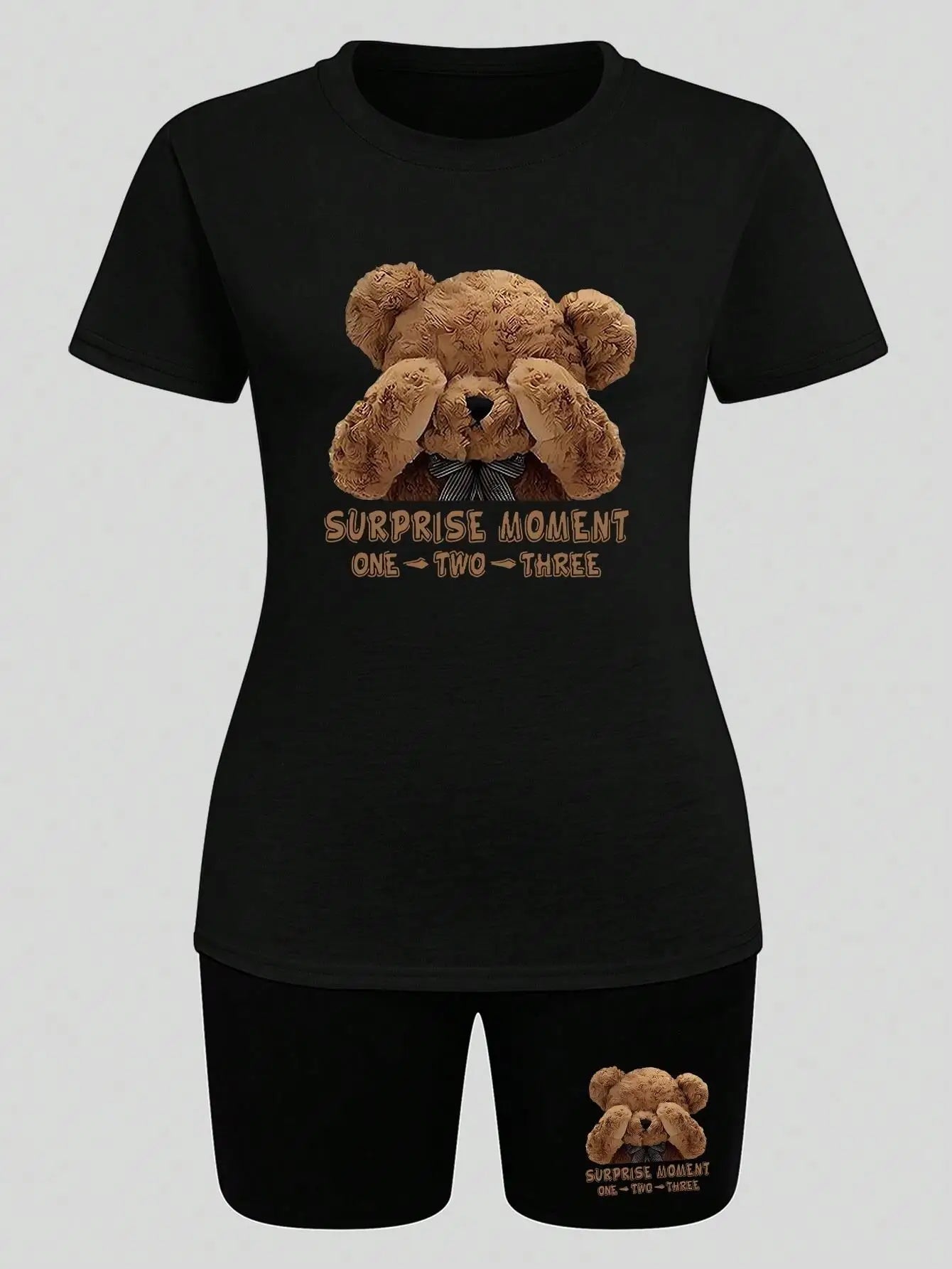 Surprise Moment Teddy Bear Women’s T-Shirt & Shorts Set – Oversized O-Neck Cotton 2-Piece Outfit 🧸👕