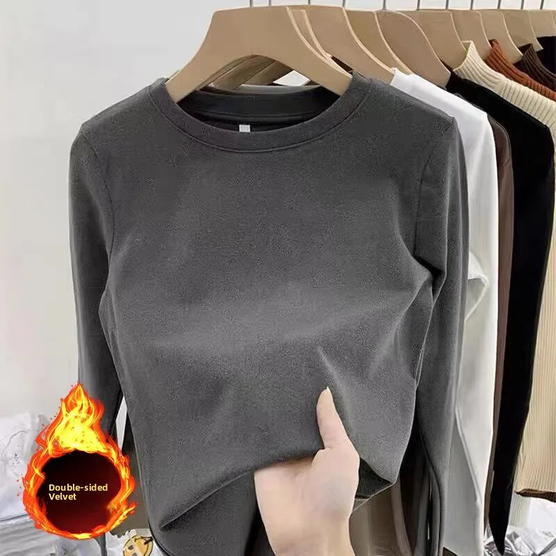 Women's Round Neck Fleece-Lined Long Sleeve Base T-Shirt ❄️ Slimming Inner Wear 👚 Korean Style Commute Fashion 🌟
