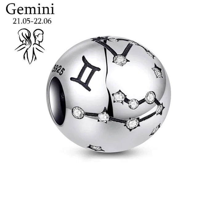 New 925 Sterling Silver Zodiac Constellation Beads | Round Pendant Charms for Women’s Bracelets & DIY Jewelry