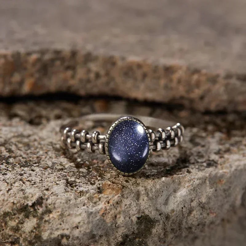 S925 Sterling Silver Gear Chain Ring with Black Onyx – Vintage Punk Style Unisex Jewelry Gift for Men & Women