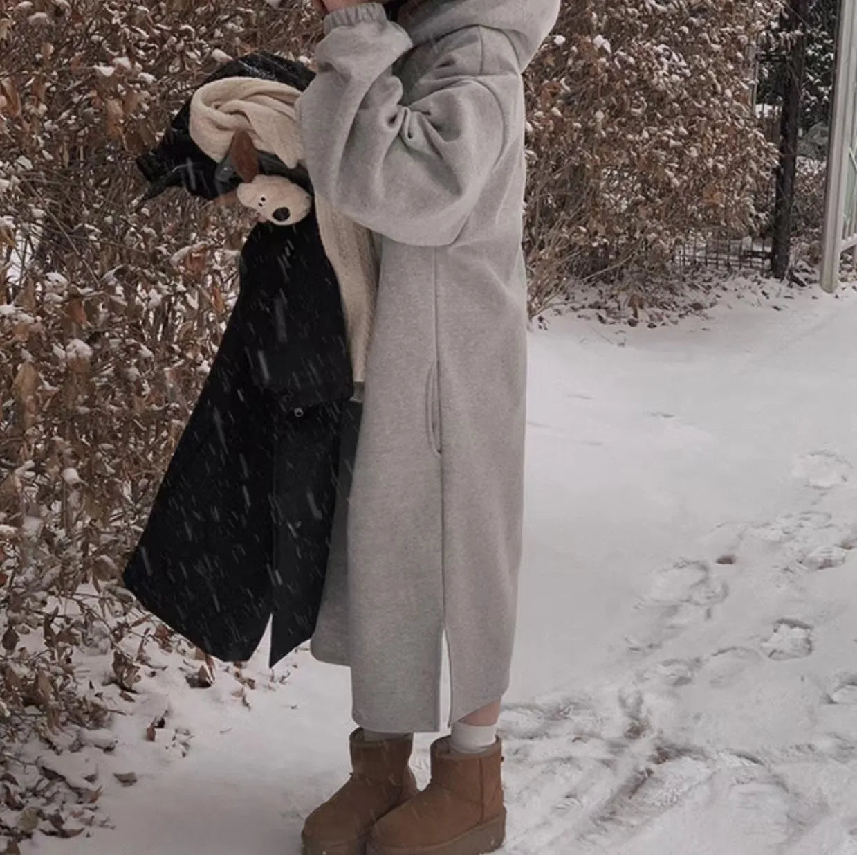 Chic Winter College Long Hoodie Dress ❄️ Lazy Fleece A-Line Side Slit Dress 👗 Pure Color Polyester Fiber 🧵