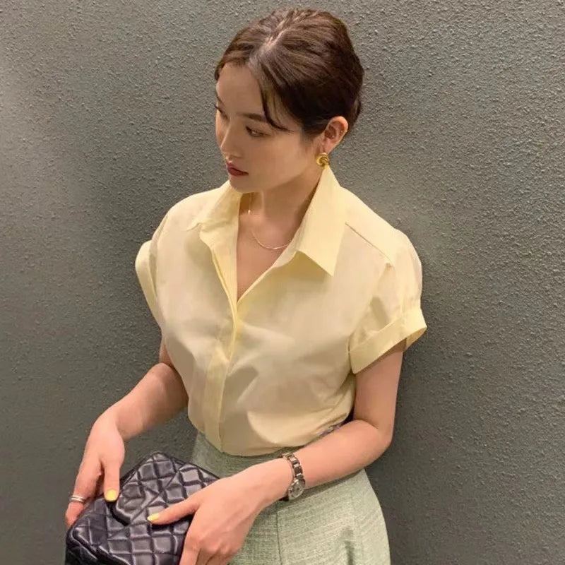 Chic Summer Loose Women’s Shirt | Classic Pure Color Professional Blouse with Small Lapel Collar