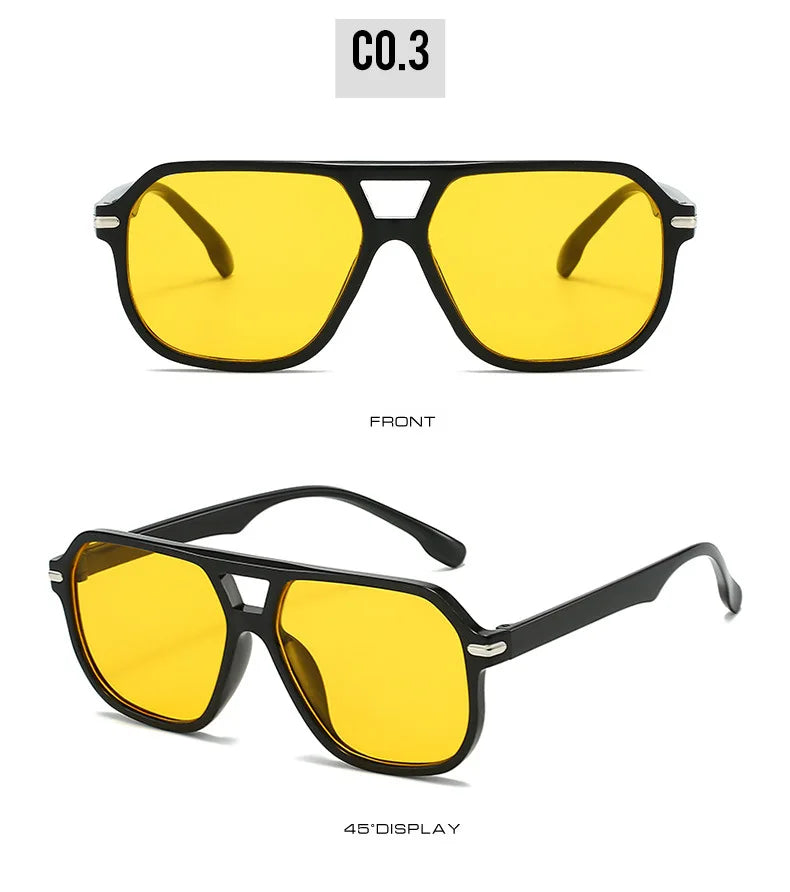 Retro Big Frame Square Sunglasses – Women & Men Double Beam One-Piece Designer Pilot Sun Glasses | Black Circular Cool Shades