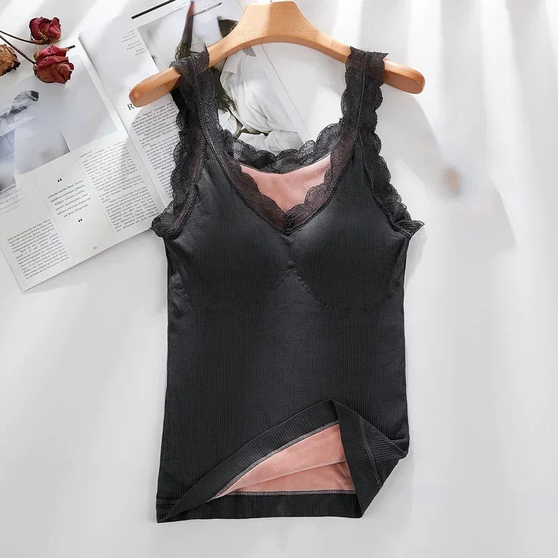 Plus Size Thermal Underwear for Women – Velvet Lace V-Neck Warm Slim Camisole 40-90kg ❄️💖