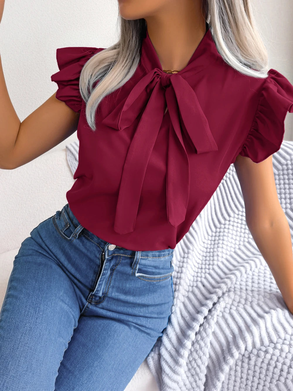 Women’s Summer Bow Ruffle Short Sleeve Chiffon Blouse – Casual Chic Top 👚☀️