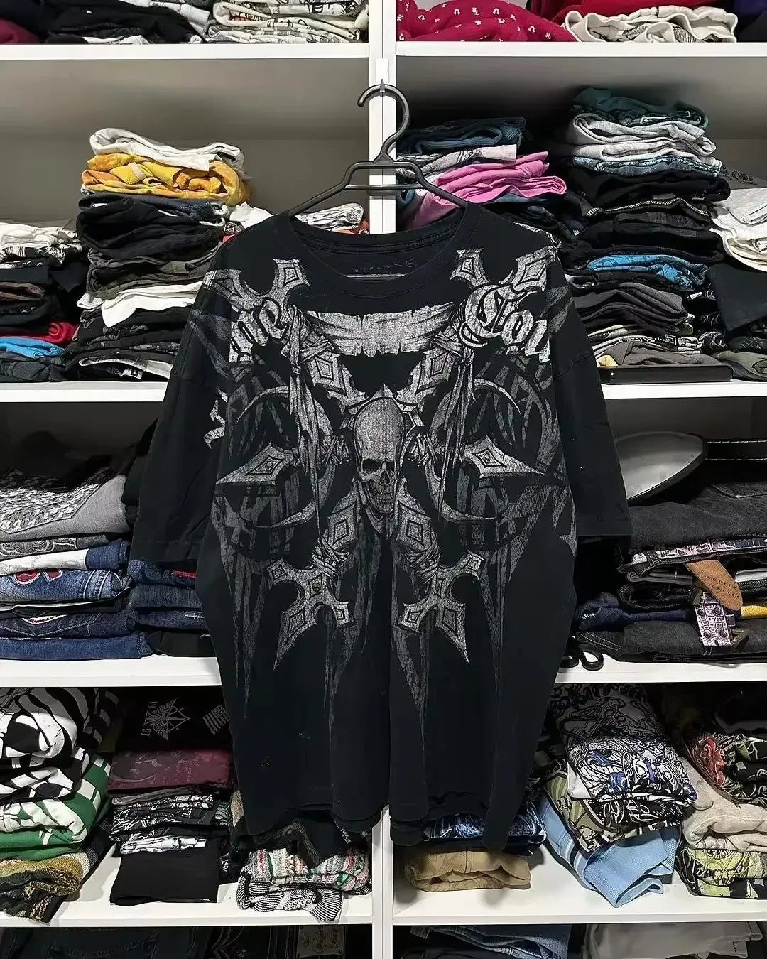 Vintage Avirex Black Short Sleeve T-Shirt | Rhinestone Double-Sided Print Retro Streetwear Top