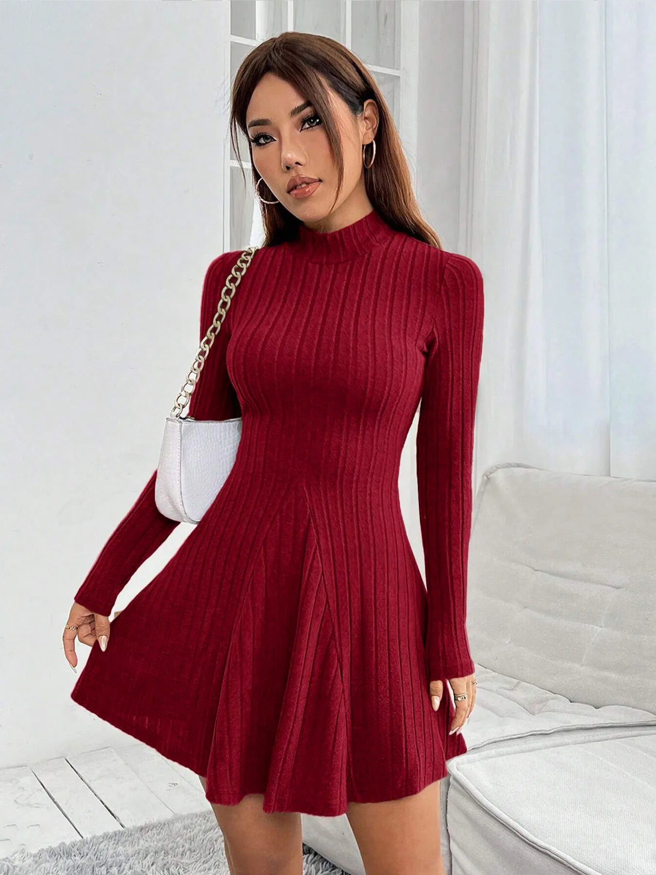Women’s Slim Fit Half High Collar Dress – Waist Cinched A-Line Pit Stripe Long Sleeve Elegant Autumn Winter Dress